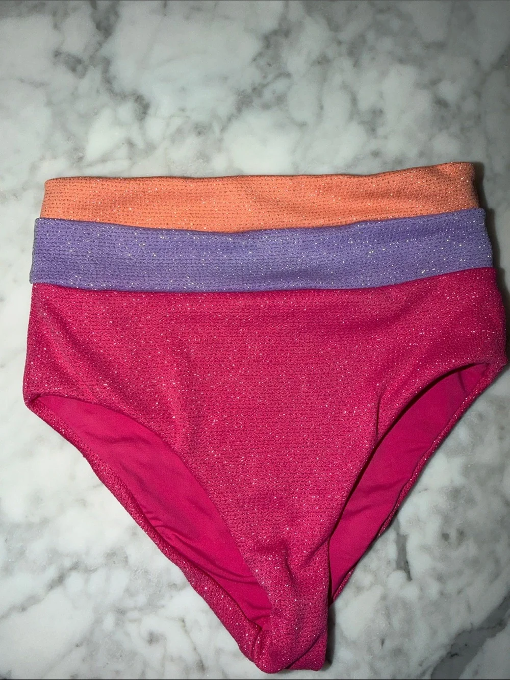 Beach Riot Girls Glitter Pink Two-Piece Bikini with Purple and Orange Bands 3/4Y